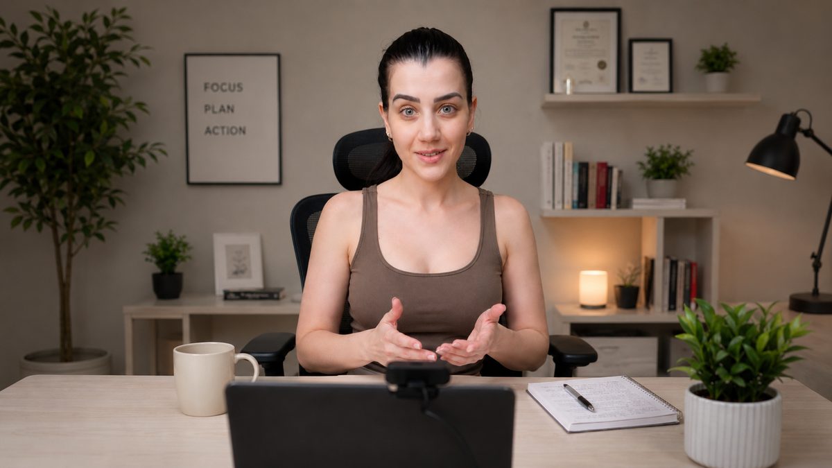 Ana em um encontro on-line, sentada à mesa e conversando com a câmera do notebook